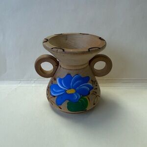 Vintage Hand Carved Wooden Vase with Hand Painted Blue Floral Design
